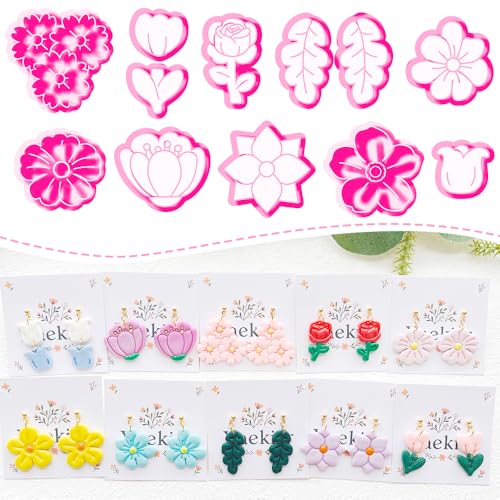 Flower Polymer Clay Cutters Set - 12pcs Rose, Tulip, Daisy, Leaves & Sakura Shapes for DIY Earring Jewelry Making, Soft Clay Crafts, Scrapbooking & Spring Party Favors - color: A color