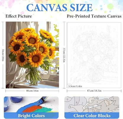 ZRIZQ Sunflower Paint by Numbers Kit for Adults Beginner,Flowers,16x20 | Full set with wooden brushes,rolled canvas,rich paints.Calming activity.Beginner friendly.Just open and paint. - color: 16"X20"Rolled Canvas(Frameless)-Flowers 3