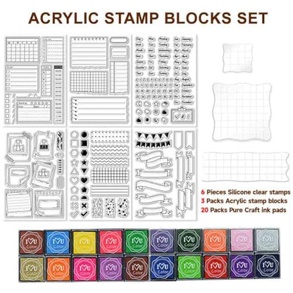 29 Pcs Journal Stamps for Crafting Card Making Supplies Set | 3 Acrylic Clear Stamp Blocks, 6 Clear Silicone Stamps Seals, 20 Craft Ink Pads Calendar Planner Stamp for DIY - style: 29Pcs Planner Clear Stamps