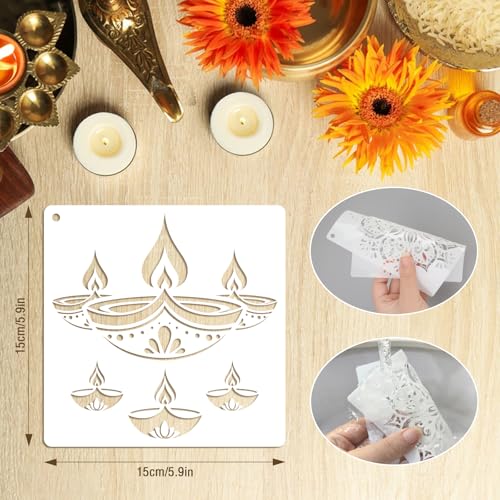 Konsait 16 PCS Diwali Rangoli Stencils for Painting on Wood, Reusable Mandala Stencils Templates Diyas Marigold Flower Rangoli Stencil for Diwali Crafts Decorations for Home