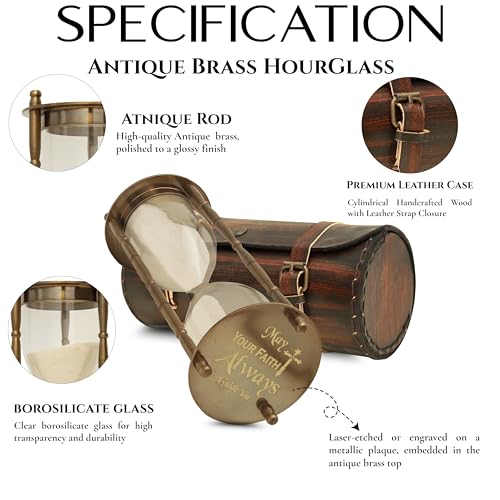 Antique Brass Sand Timer with Leather Case – Sand Timer with “May Your Faith Always Guide You” Engraving – Christian Gift for Men, Women, Religious Home Décor