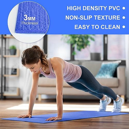 Funtery 3 mm Thin Yoga Mats Bulk, 68 x 24 Inches Lightweight PVC Exercise Mats Non Slip Workout Fitness Pads for Yoga Pilates Stretching Classes Gym Home Studio - color: Blue