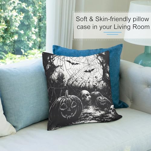 Pumpkins Skulls Spider Web Black White Throw Pillow Covers 18x18 Inch - color: Halloween Pattern Black White