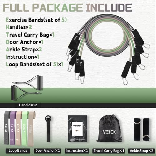 VElCK Resistance Bands Set with Handles for Exercise, Workout and Home Gym - color: Green Purple, size: 10-150LBS + 5 Loop Bands