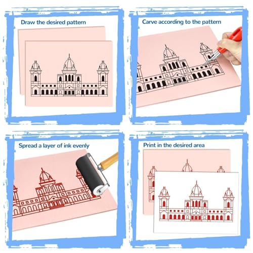 4 Pack Pink Rubber Stamp Carving Blocks, 8"x10" (0.6cm Thick) with Tools Kit, Soft Rubber Linoleum Block for Craft Project DIY Stamp Making Supplies for Artists, Beginners - size: 8"x10"