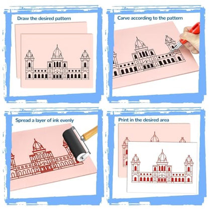 4 Pack Pink Rubber Stamp Carving Blocks, 8"x10" (0.6cm Thick) with Tools Kit, Soft Rubber Linoleum Block for Craft Project DIY Stamp Making Supplies for Artists, Beginners - size: 8"x10"