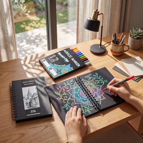 Thenshop 2 Pcs/200 Sheets Black Paper Sketchbook 12 Pen 6 x 8 in Coil | Black Page Journal Notebook Metallic Pens Writing Set for Back to School Gift Colored Gel Pen PU Hardcover Drawing Painting - size: 6 x 8 in, style: Coil