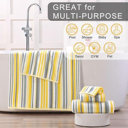 VOOVA & MOVAS Yellow Gray Towels for Bathroom 6 Pack, 100% Cotton - color: Yellow + Gray Striped, size: 6 PCS Bathroom Towels