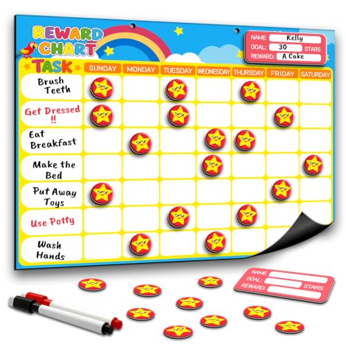 Magnetic Reward Chart for Kids, Customizable Dry Erase Weekly Chore Chart - size: 1 Kid-Stars