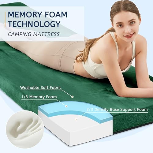 HomeMate Memory Foam Camping Mattress Pad: Portable Car Sleeping Pad | Roll Up Floor Mattress for Camping Cot Tent Truck Travel, Non-Slip Waterproof Sleeping Mat for Adults Guests - color: Dark Green, size: Cot / 72*24*3