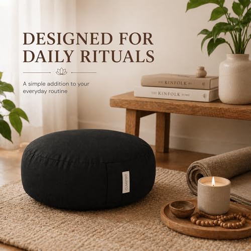 Meditation Cushion - 15" Buckwheat Pillow with Removable Cotton Cover and Carry Handle - Round Floor Cushion for Yoga, Meditation, Pilates, and Floor Sitting - Meditation Pillow by Cuvered