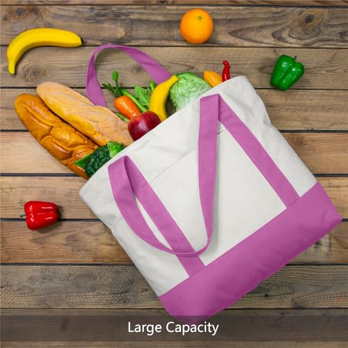 TOPDesign 1-Pack Canvas Tote Bag with an External Pocket, Reusable Grocery Shopping Bag, Top Zipper Closure, Daily Essentials (Light Purple/Natural) - color: Light Purple/Natural