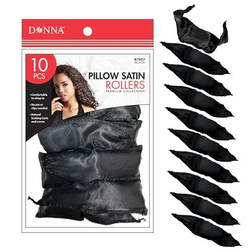 DONNA Satin Pillow Rollers Large 10pcs Foam Rollers for Heatless Hairdressing and Styling with Hair Clips - BLACK - color: BLACK - LARGE PILLOW