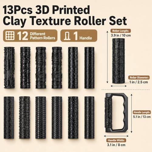Conderyang 13Pcs 3D Printed Clay Texture Roller Set 12-Pattern Clay Roller with Handle Handheld Pottery Rollers Texture Wheel Polymer Tools for Artists Pottery Creation Ceramic Modeling DIY (Black)