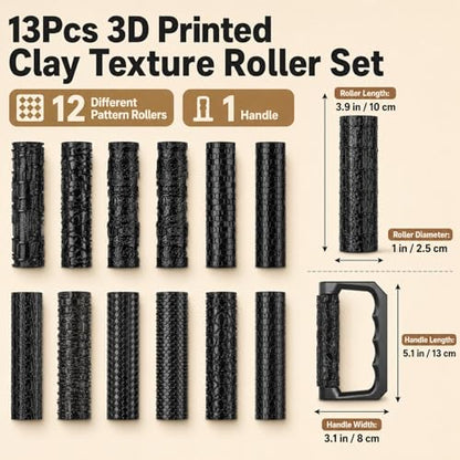 Conderyang 13Pcs 3D Printed Clay Texture Roller Set 12-Pattern Clay Roller with Handle Handheld Pottery Rollers Texture Wheel Polymer Tools for Artists Pottery Creation Ceramic Modeling DIY (Black)