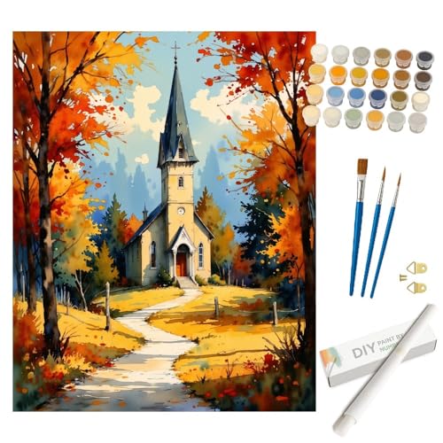 Autumn Church Paint by Numbers Kit for Adults - DIY Countryside Chapel with Yellow Path Painting on Rolled Canvas 16x20 Inches, Acrylic Paint Set, Suitable for Beginners, Art for Home Decor or Gifts - color: HSX01213, size: 16X20IN Rolled