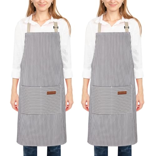 2 Pack Kitchen Cooking Aprons, Adjustable Bib Soft Chef Apron with 2 Pockets for Men Women - color: Coffee Stripes