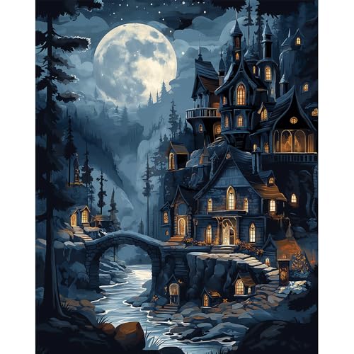 Natuyalo Paint by Numbers Kit for Adults, Paint by Numbers for Beginner Moonlit Castle, Paint by Number for Adults, Night Scene DIY Paint by Number for Gift Home Wall Decor 16x20 Inch - color: ART-06