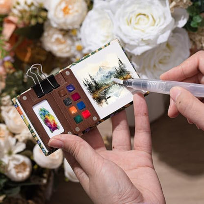 Qilery Mini Portable Watercolor Palette Set Wooden Grid Paint Box Watercolor Paper Sketch Book Brush Pens with Binder Clip for Painters Artist Not Include Paint(Bird) - style: Bird