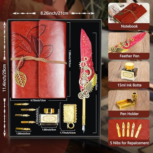Feather Quill Pen and Ink Set,Calligraphy Set with Leather Journal Notebook | Feather Pen,5 Gold Nibs,Pen Holder,Ink,Antique Calligraphy Kits for Beginners Christmas Gift - color: Red