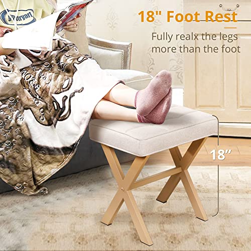 LUE BONA Square Linen Makeup Stool, Metal X Legs, Small Ottoman Stool Chair for Vanity, Modern Padded Seat Foot Rest for Makeup Room, Bathroom - color: Linen Color-sand Legs
