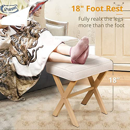 LUE BONA Square Linen Makeup Stool, Metal X Legs, Small Ottoman Stool Chair for Vanity, Modern Padded Seat Foot Rest for Makeup Room, Bathroom - color: Linen Color-sand Legs