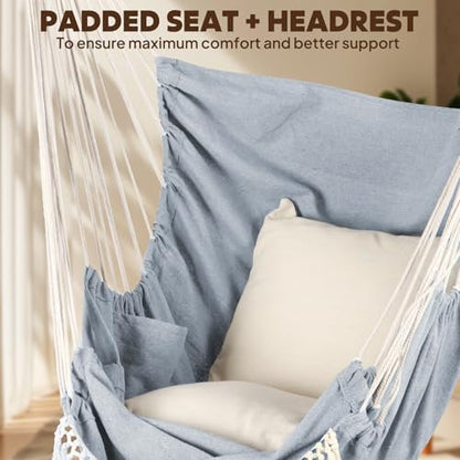 Chihee Hammock Chair Foot Rest 2 Cushions Max 485 lbs Metal Spreader Bar | Robust Hanging Chair Soft Cotton Blended Swing Collapsible Easy Storage Strong Strap Iron Carabiner Pocket Indoor Outdoor - color: Light Grey