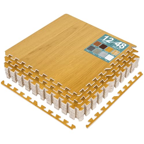 Sorbus Interlocking Wood Grain Foam Floor Tiles (12 Pack, Light Grain) | 3/8-inch EVA floor mats create cushioned foam flooring for playrooms, basements, apartments, trade shows and baby spaces. - color: Light Grain, size: 12 Pack