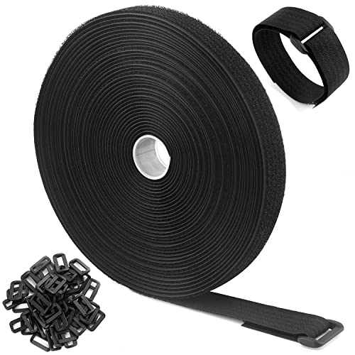 32Ft x 0.8In Adjustable Cable Straps with 50 Buckles, Free Cut Length, Black Reusable Fastening Cable Ties, Hook and Loop Securing Strap for Cable Tidy, Wire Management, Cord Organiser - color: Black, size: 32Ft x 0.8In