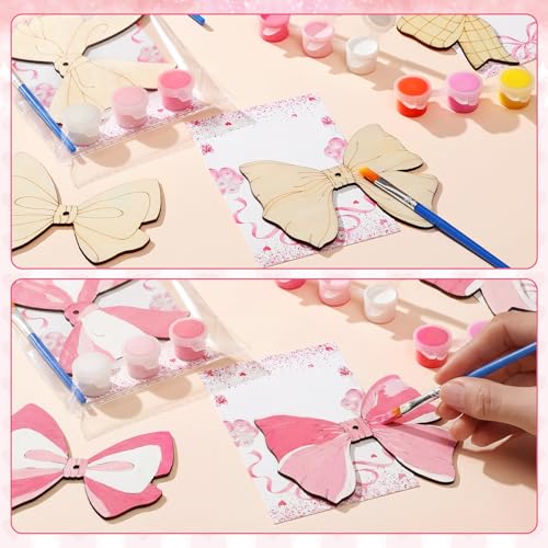 Saypacck 24 Pcs Pink Bow Party Favors Wooden Paint Craft Kits | Bow Themed Craft Activity, Girly Bow Designs for Birthday Parties, Bulk Favors for Goodie Bags, - style: Bowknot Style