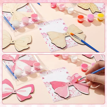 Saypacck 24 Pcs Pink Bow Party Favors Wooden Paint Craft Kits | Bow Themed Craft Activity, Girly Bow Designs for Birthday Parties, Bulk Favors for Goodie Bags, - style: Bowknot Style