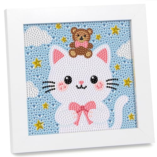 geesfayan Diamond Art Kits for Kids,6 Inch DIY Gem Art Painting with 7 Inch Frame, Complete Starter Kit for Beginners, Creative Arts & Crafts Gift for Girls & Boys (Cartoon Cat) - color: Cartoon Cat