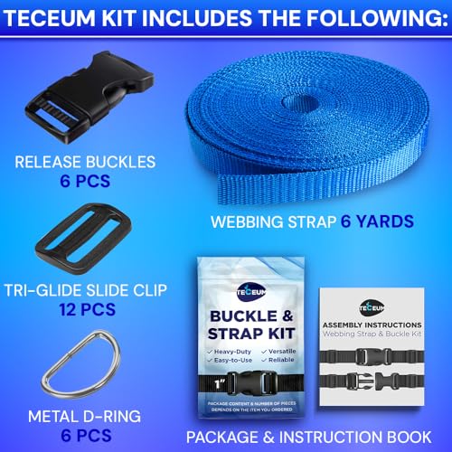 TECEUM 1" Nylon Strap Kit with Buckles, Simple Blue 6 yards Repair Set | Heavy duty hardware kit: 6yd webbing, 6 quick release buckles, 12 tri-glide slide clips, 6 metal D-rings for crafting. - color: Simple Blue, size: 1" - 6 yards, style: 6 Buckle - 12