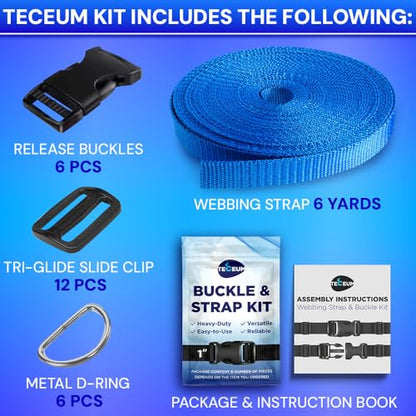 TECEUM 1" Nylon Strap Kit with Buckles, Simple Blue 6 yards Repair Set | Heavy duty hardware kit: 6yd webbing, 6 quick release buckles, 12 tri-glide slide clips, 6 metal D-rings for crafting. - color: Simple Blue, size: 1" - 6 yards, style: 6 Buckle - 12