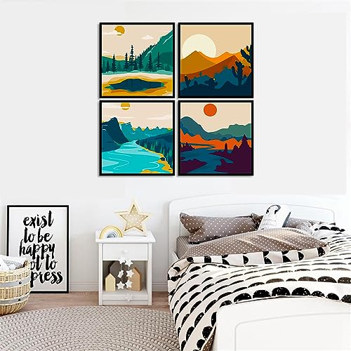 FQOVKYN 4 Pack Sunset Paint by Number for Adults Beginners, DIY Landscapes Paint by Numbers on Canvas, Acrylic Easy Painting by Numbers Oil Painting Kits for Home Wall Decor (8x8in)