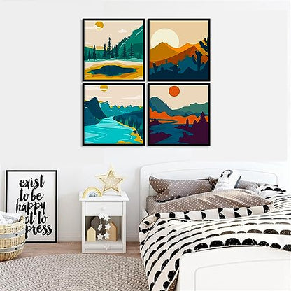 FQOVKYN 4 Pack Sunset Paint by Number for Adults Beginners, DIY Landscapes Paint by Numbers on Canvas, Acrylic Easy Painting by Numbers Oil Painting Kits for Home Wall Decor (8x8in)