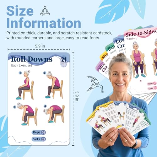 Gentle Chair Yoga Program for Seniors Includes 50 Large Print Exercise Cards that Gently Target Back Relaxation, Core Strength, and Leg Stability.