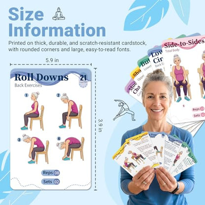 Gentle Chair Yoga Program for Seniors Includes 50 Large Print Exercise Cards that Gently Target Back Relaxation, Core Strength, and Leg Stability.