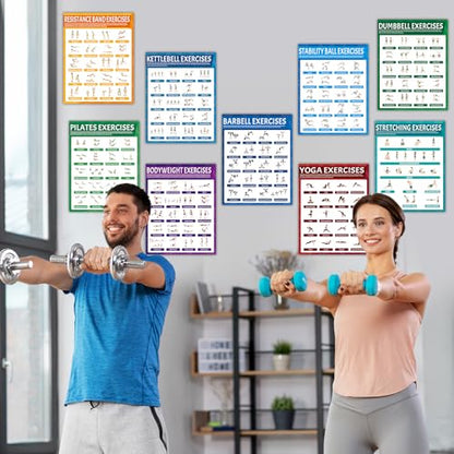 9Pcs Exercise Poster Set Workout Chart Posters Dumbbell Kettlebell Yoga Stretching Pilates Resistance Bands Stability Ball Body Weight Dumbbell Physical Educational Fitness Decoration for Home Gym