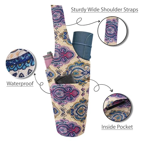 Yoga Mat Bag Yoga Tote Bag with Large Pocket and Zipper Pocket Yoga Mat Bag Carrier Fit Most Size Mats and All You Stuff - color: off white pink blue