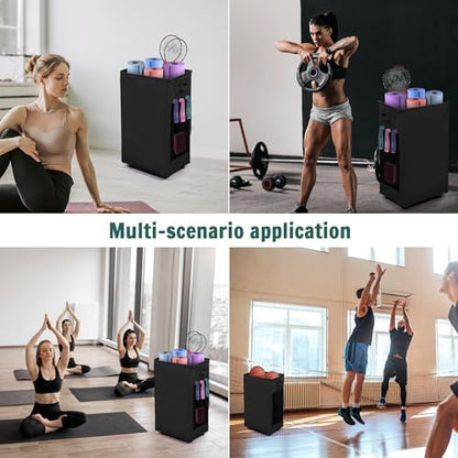 Yoga Mat Storage Racks, Home Gym Storage Rack with Wheels, Yoga Mat Holder Side 2 Mesh Pockets, Yoga Storage Basket Holds 4 Yoga Mats, 2 Foam Rollers, 6 Resistance Bands - color: Black