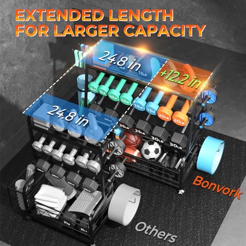 Dumbbell Rack Weight Stand - 4-Tier Adjustable Weight Rack for Dumbbells, Home Gym Storage Rack for Yoga Mat Foam Roller Kettlebells, Workout Equipment Storage Organizer With Wheels and Hooks