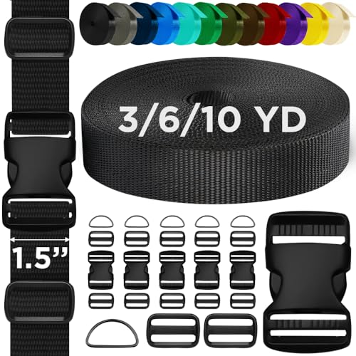 TECEUM 1.5" Nylon Strap Kit with Buckles, Black 6 yards Repair Set | Heavy duty hardware kit: 6yd webbing, 6 quick release buckles, 12 tri-glide slide clips, 6 metal D-rings for crafting. - color: Black, size: 1.5" - 6 yards, style: 6 Buckle - 12 Slides -