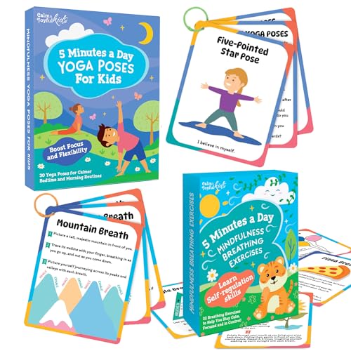 Kids Breathing Cards and Yoga Flashcards – 32 Mindful Exercises and 30 Fun Yoga Poses – Calm Down Corner Tools for Home Classroom Therapy and Social Emotional Learning