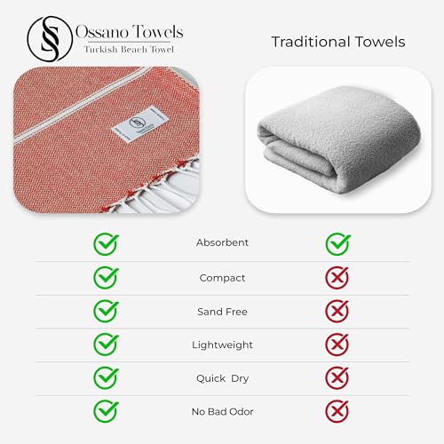 Ossano Turkish Beach Towel Striped & Soft Extra Large (39" x 71") - Quick Dry, Versatile and Functional as Yoga Mat, Gym, Outdoor and Shower Towel, Travel and Picnic Blanket - Red - color: Red