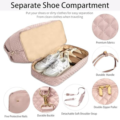 Weekender Bag, Large Travel Duffel Bag for Women, Carry on Overnight Bag with Shoe Compartment and Toiletry Bags - color: K-3PCS Nude