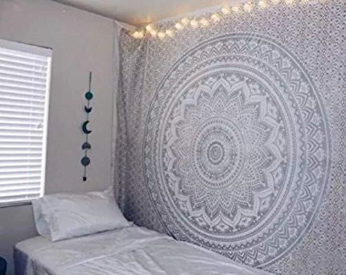 Popular Handicrafts Tapestry Wall Hanging Hippie Ombre Metallic Mandala Bohemian Hippy Intricate Indian Tapestries Bedspread 84 x 90 Inches (215cm x 230cm) Silver - color: Silver, size: 90"L x 84"W