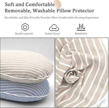 Firm Buckwheat Neck Pillow, Adjustable Height, Cervical Back Support for Neck Pain Relief, Cool Stripe Bone Shape Pillow for Recliner Sleeping, Khaki 19"X7" - color: Stripe Khaki