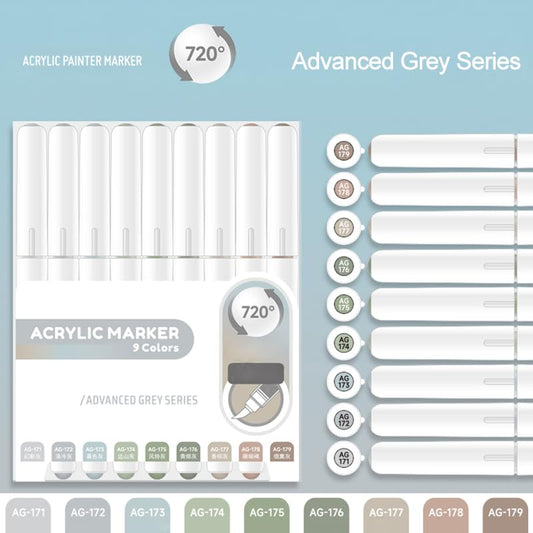Water Based Acrylic Paint Markers, 9 Colors Paint Pen Set | Gray Series, Soft Brush Tip, Smooth Writing, Marker Pen for Rock Painting, Egg, Wood, Glass, Mugs, Black Paper - color: Gray Series-2