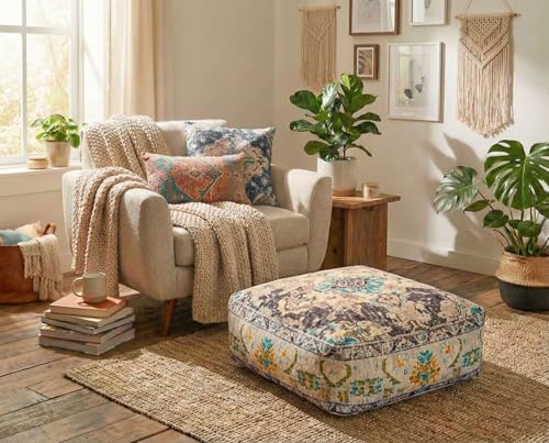 Mandala Life ART Boho Floor Cushion Cover Gray Square Moroccan Pouf Ottoman Pillow for Meditation Yoga and Boho Chic Low Seating Area Cotton 24x8 Unstuffed - color: Grey